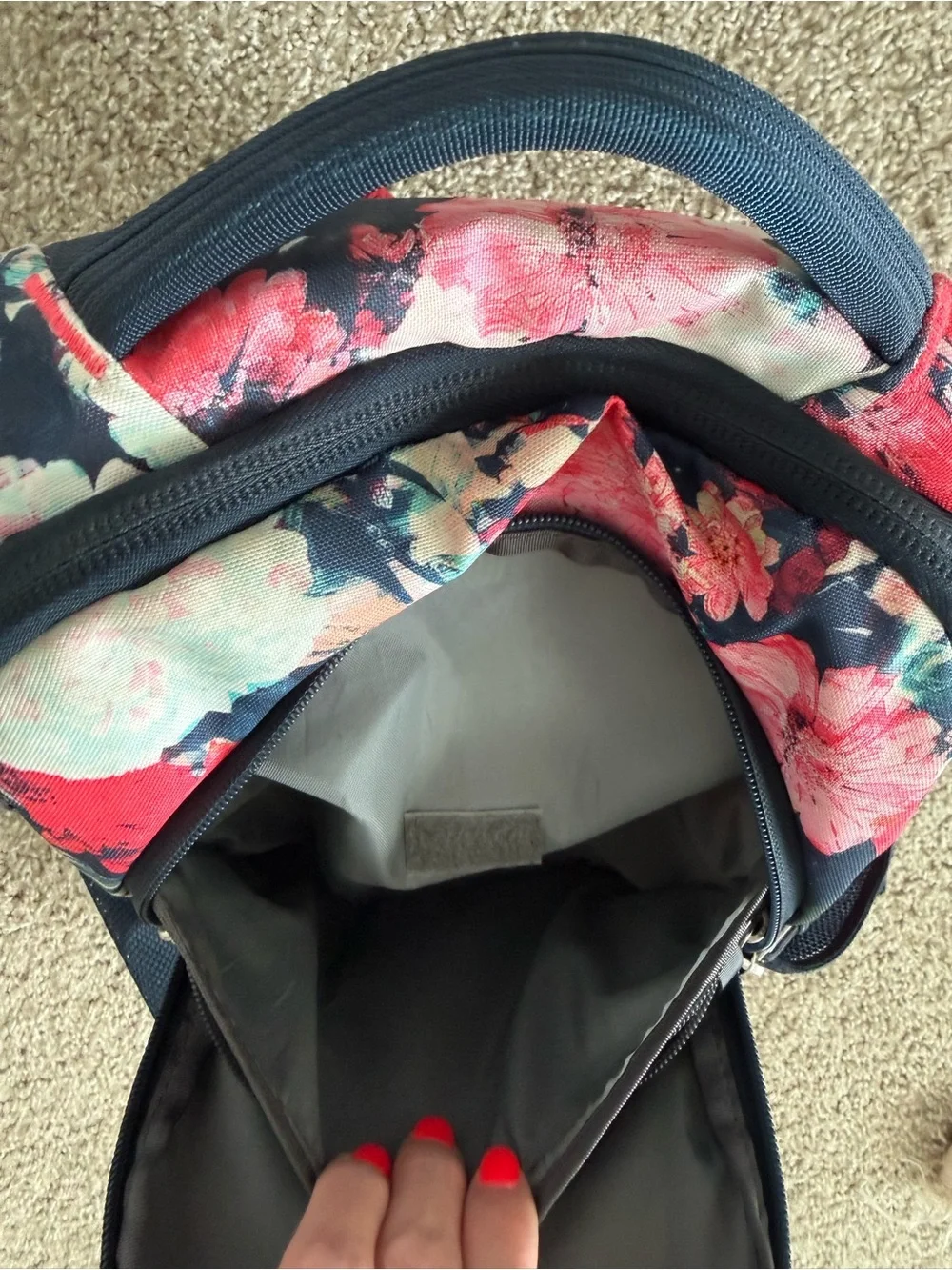 The North Face Navy Backpack with Pink Floral Top
